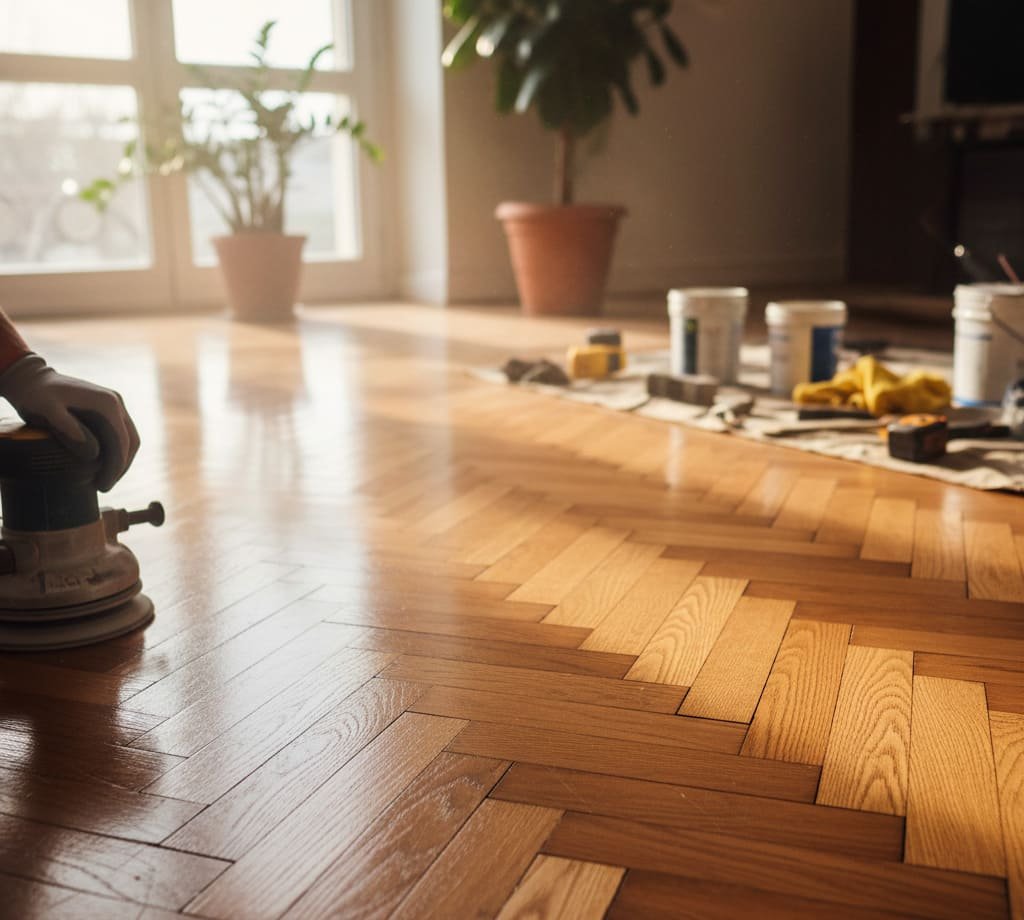 Proceso de pulido de parquet con máquina para restaurar suelos de madera, mostrando el acabado brillante.