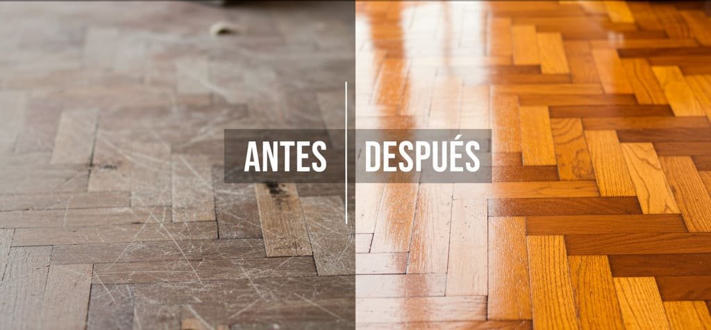 Comparativa Antes y Después de la restauración de suelos de madera en Montevideo. Muestra el éxito del pulido de parquet frente a un piso rayado.