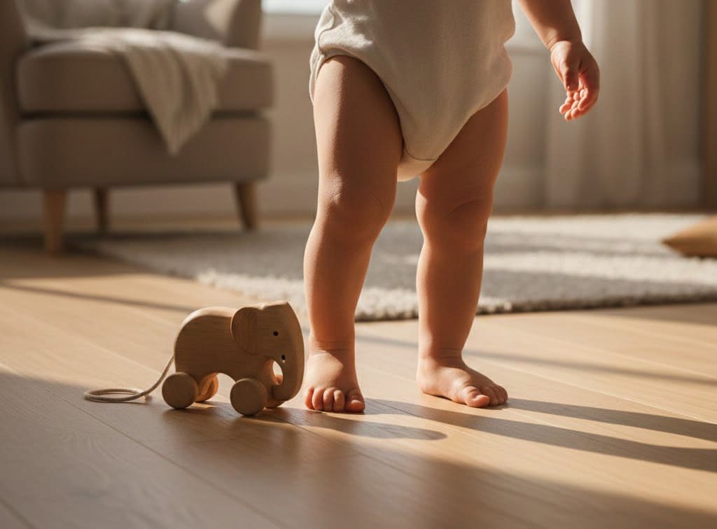 Piso de madera con acabado hidrolaqueado ideal para casas con niños y mascotas.