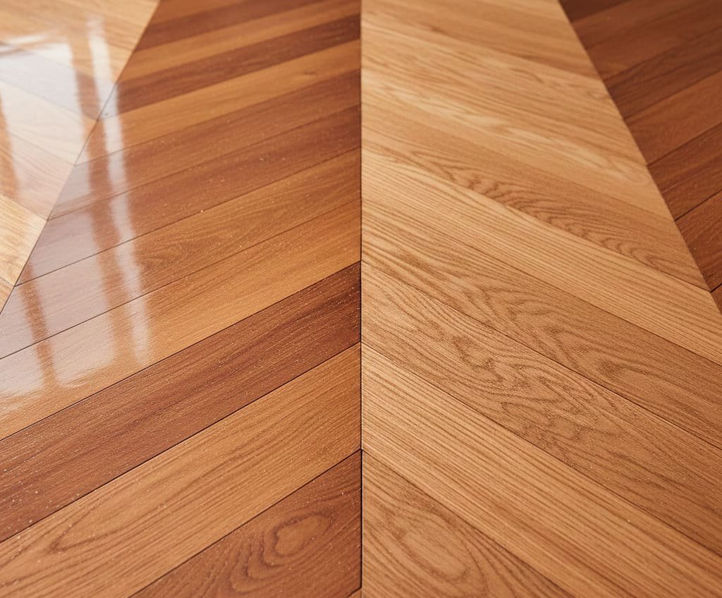 Primer plano de parquet comparando plastificado vs hidrolaqueado mate y brillante.