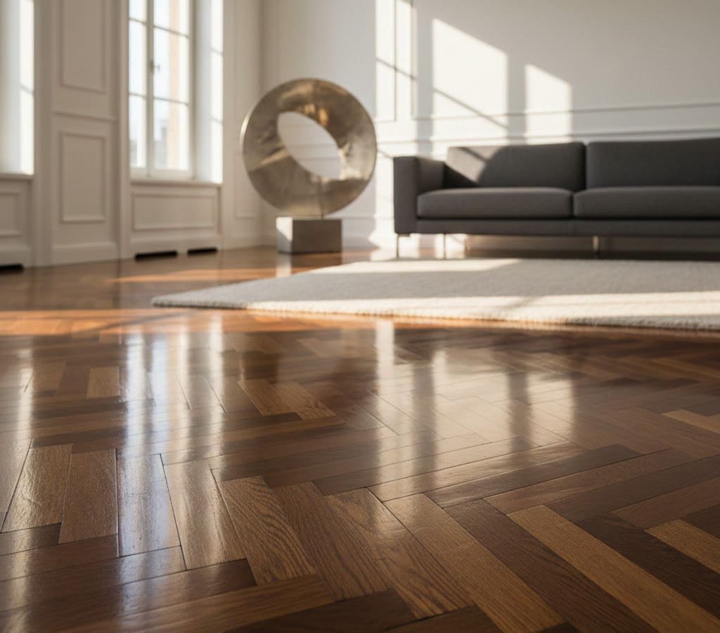 Piso de parquet de espiga con brillo intenso que refleja la luz. Muestra el resultado de un servicio profesional de pulido y plastificado de madera.